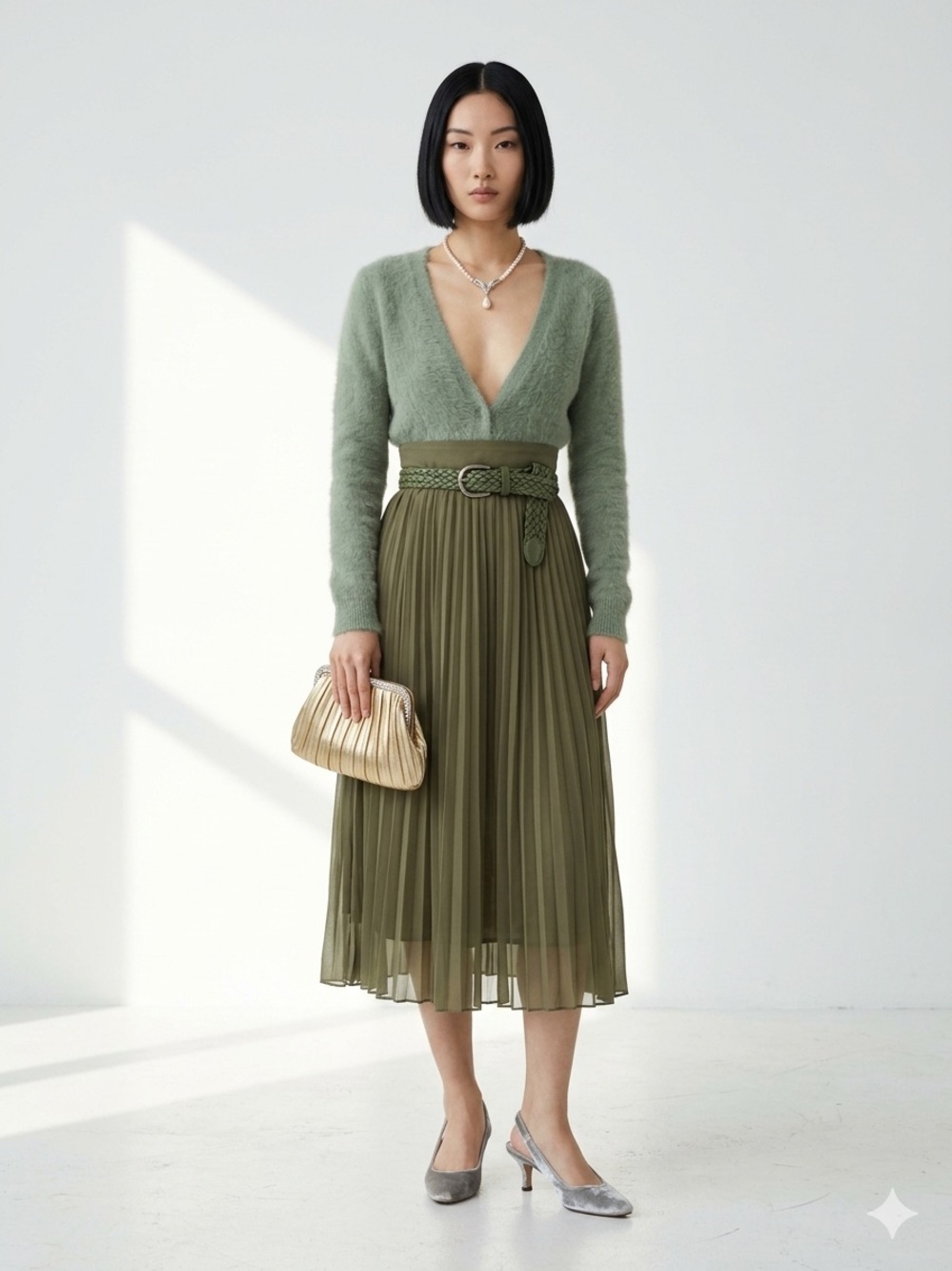 H&M SHEER Pleated Chiffon Midi Skirt – Olive Green – Size 2 (VGUC) *